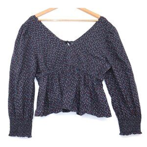 Y2K Madewell Womens Floral Long Sleeve Peplum Blouse Navy/Red Size L Cottagecore